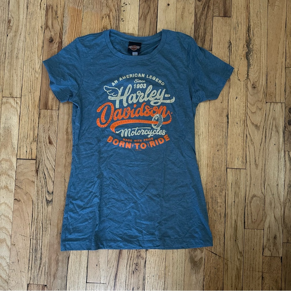 New Women’s Harley-Davidson T-shirt in Blue with Orange Accents size Large